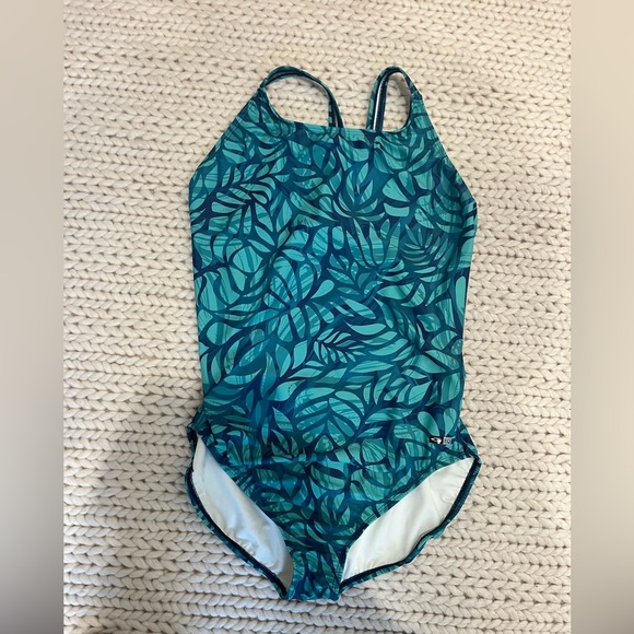 EQ Swim women’s one piece bathing suit Leaf Print Swimsuit - Teal and Navy- L - Picture 1 of 3